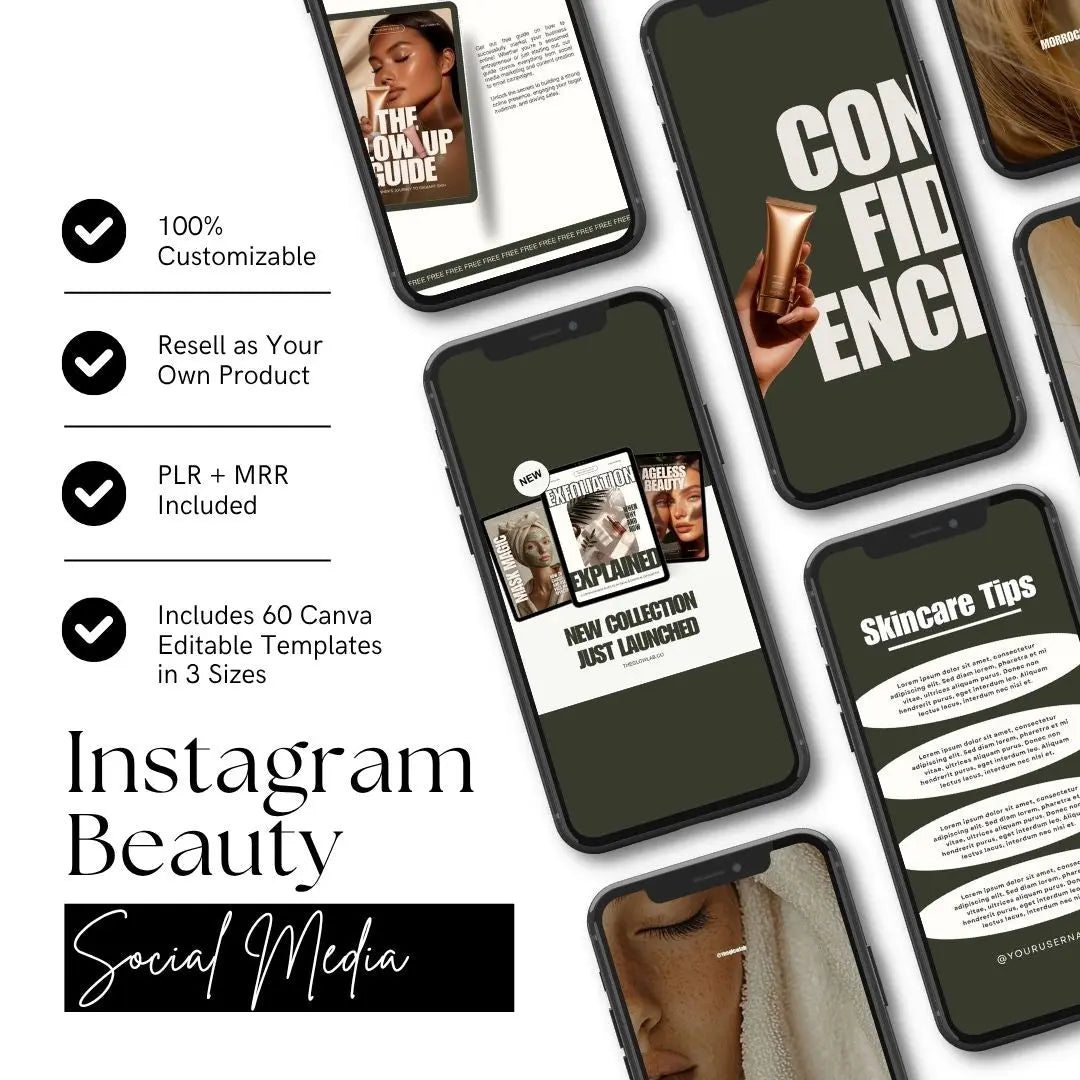 Skincare Instagram Templates – 60 Editable Canva Posts & Stories with PLR + MRR Boundless PLR