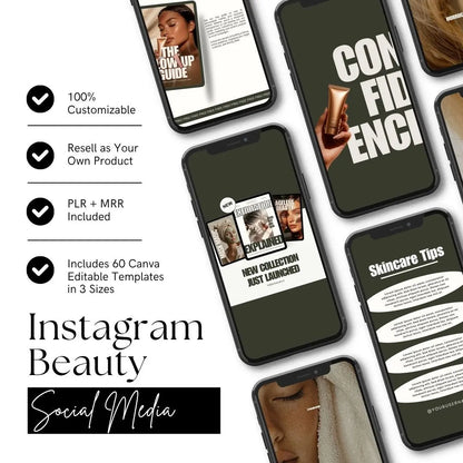 Skincare Instagram Templates – 60 Editable Canva Posts & Stories with PLR + MRR Boundless PLR