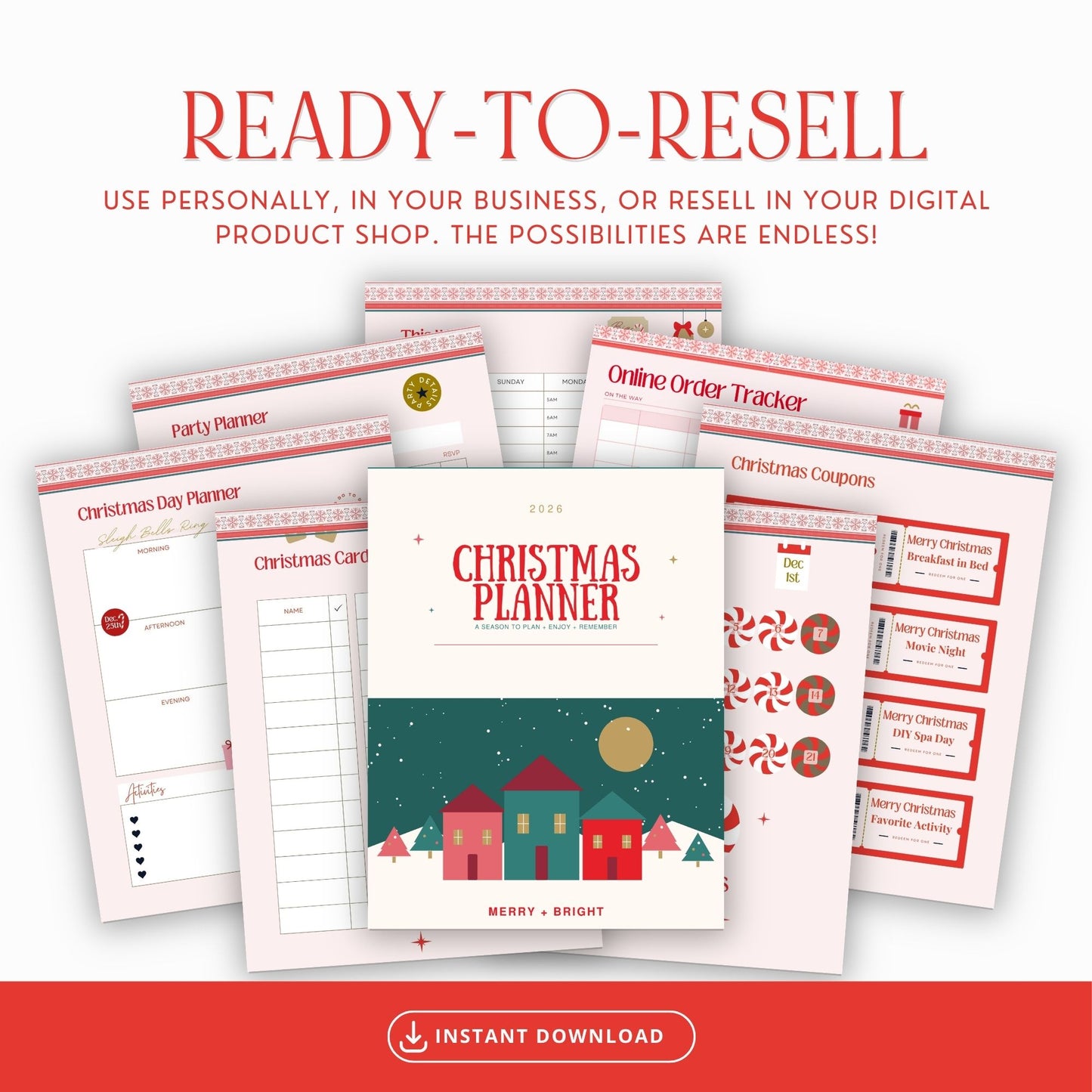 Ready-to-resell 2026 Christmas planner with a cozy village cover and pages for Christmas Day, parties, cards, online orders, weekly planning, and holiday coupons.