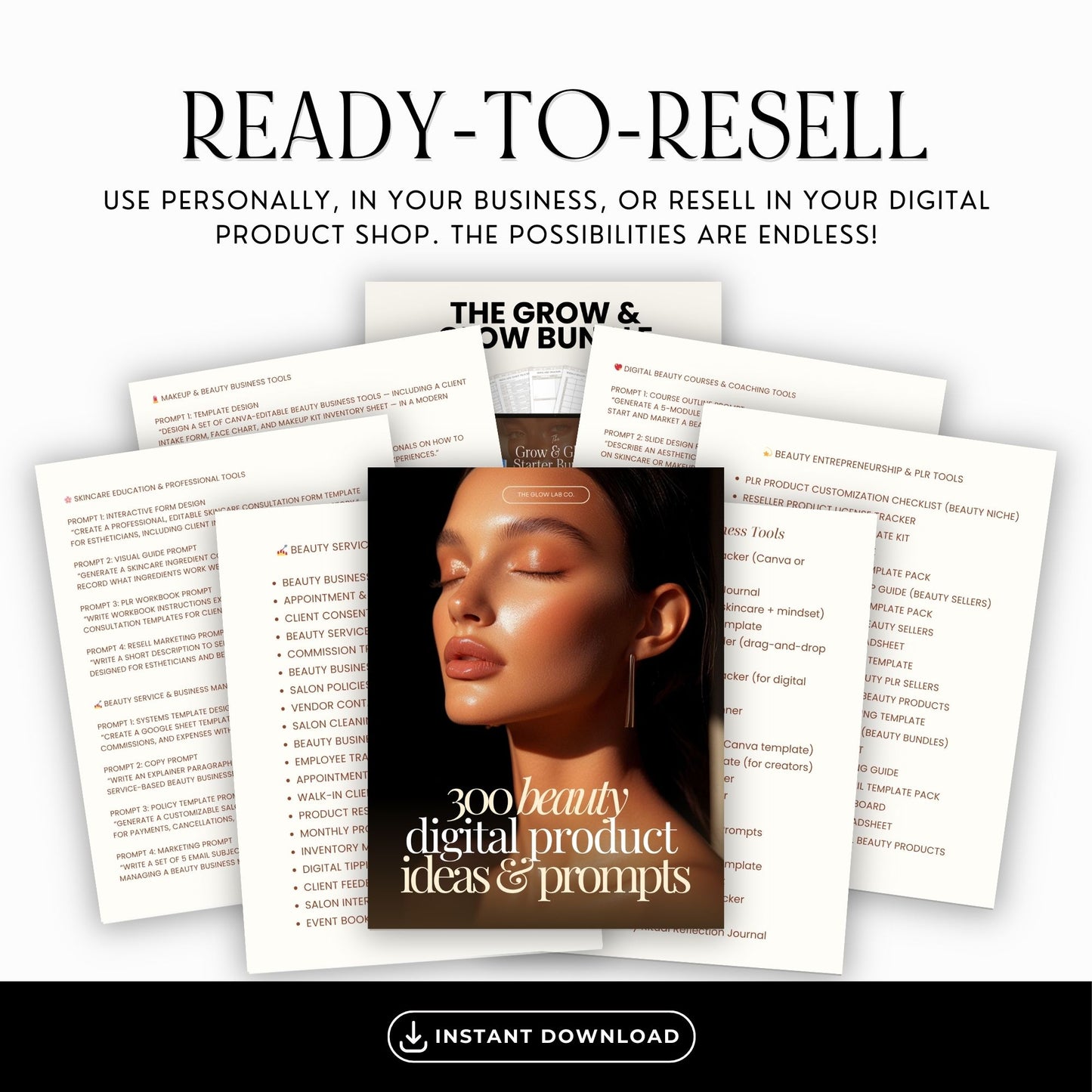 Beauty Digital Product Ideas + Prompts Bundle (300) | Canva Editable | PLR + MRR Resell Rights