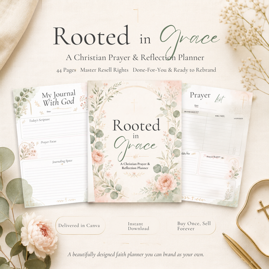 Christian PLR Planner with Master Resell Rights | 44 Page Faith & Prayer Journal, Rooted In Grace Bible Study Planner Canva + Bonus Prompts