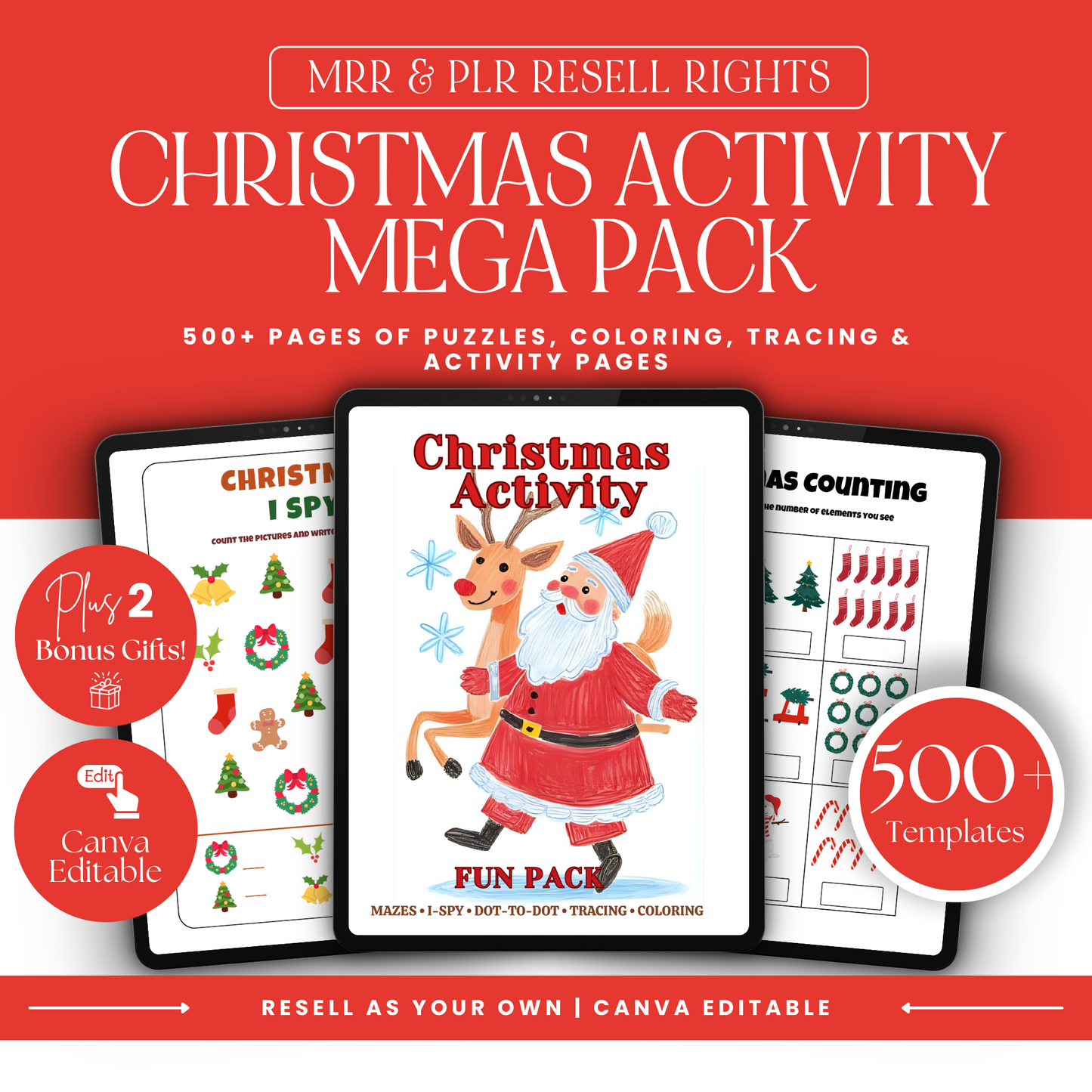 Christmas Activity Mega Pack – 500+ Printable Coloring Pages, Puzzles, Worksheets | Canva Editable | MRR + PLR Included Boundless PLR