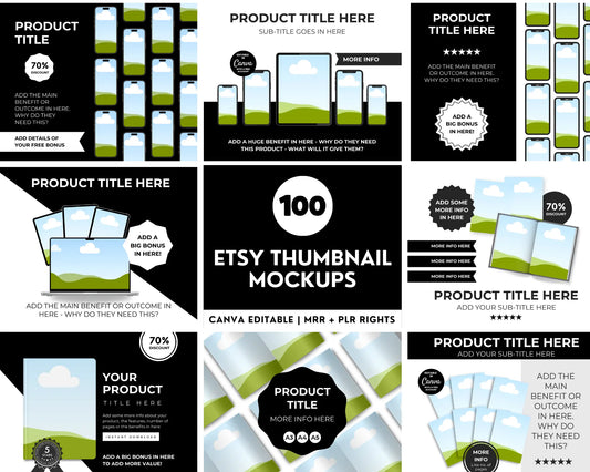 100 Canva Editable Etsy Listing Thumbnail Mockups + Bonus Pinterest Strategy Guide (MRR & PLR) Boundless PLR