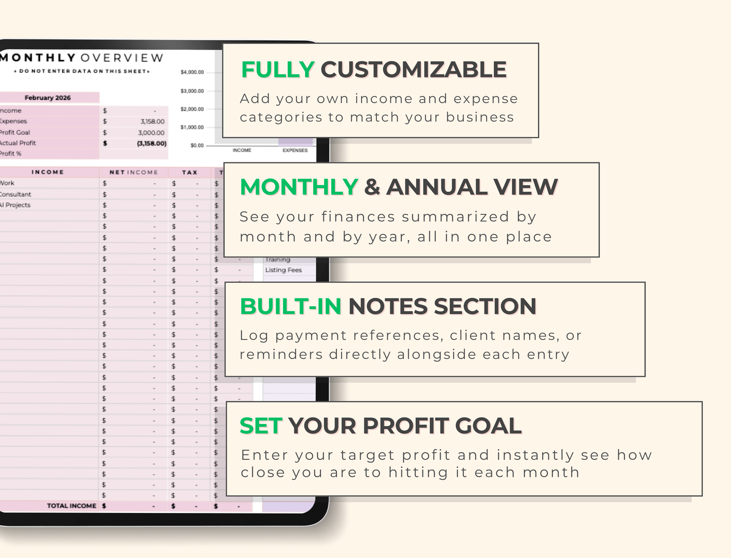 PLR Google Sheets, Simple Bookkeeping Spreadsheet Template with MRR & PLR Resell Rights Boundless PLR