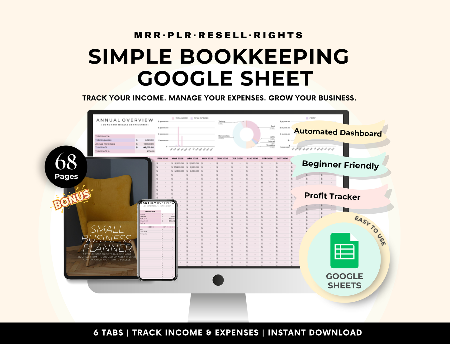 PLR Google Sheets, Simple Bookkeeping Spreadsheet Template with MRR & PLR Resell Rights Boundless PLR