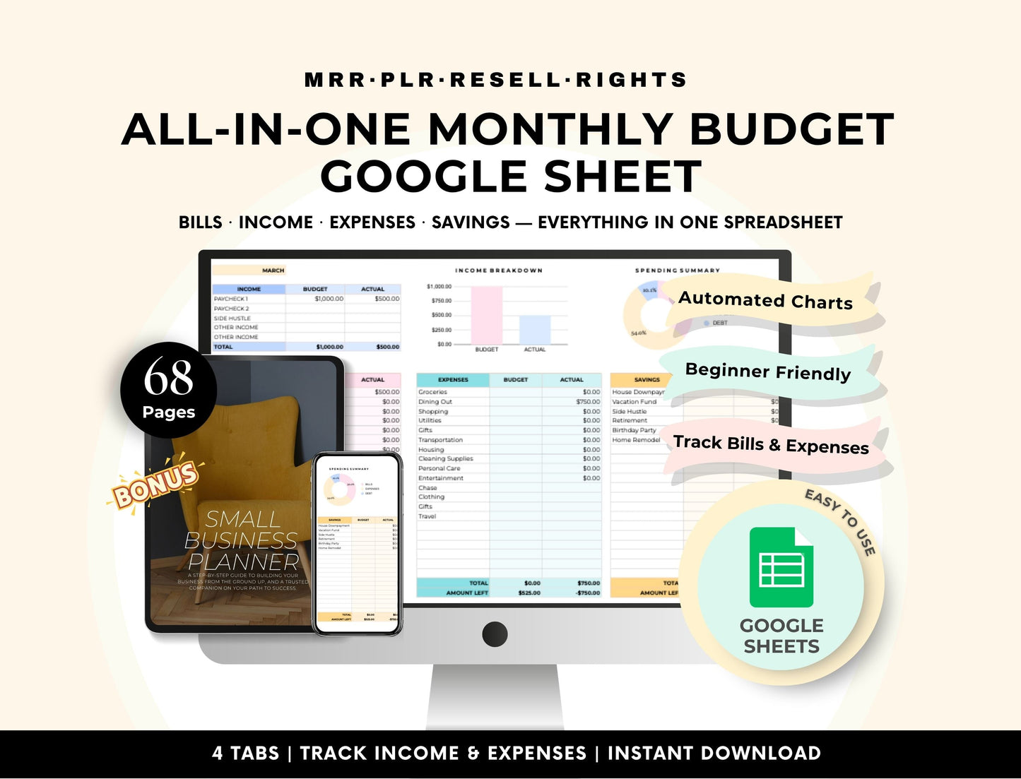 Google Sheets PLR Template, Starter Monthly Budget Spreadsheet, Budget Planner, MRR PLR Resell Rights Boundless PLR