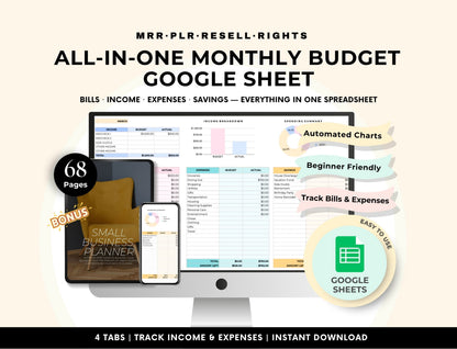 Google Sheets PLR Template, Starter Monthly Budget Spreadsheet, Budget Planner, MRR PLR Resell Rights Boundless PLR