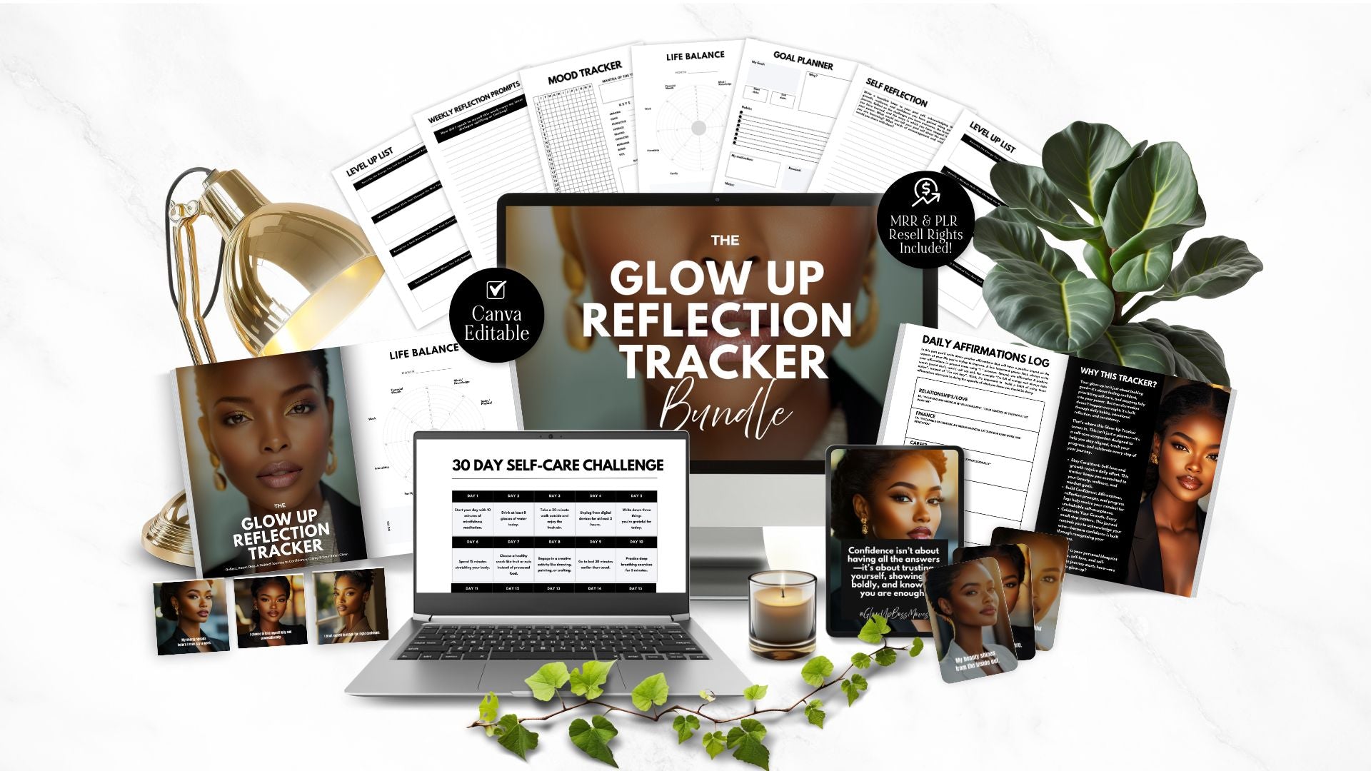 Image of Glow-Up Reflection Tracker Bundle self-care planner with social media templates and PLR/MRR rights