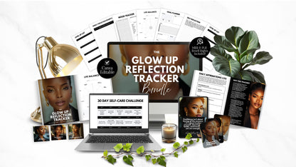 Image of Glow-Up Reflection Tracker Bundle self-care planner with social media templates and PLR/MRR rights