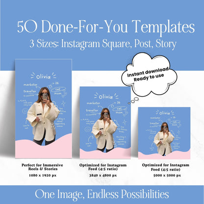 Pink & Blue Instagram Templates Pack (Canva Editable) | 50 Designs, 3 Sizes | MRR + PLR + Bonuses Boundless PLR