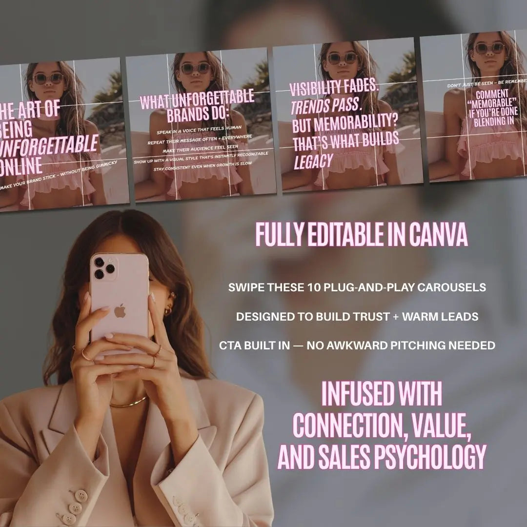 Promotional graphic with text about MRR and PLR editable Canva carousel templates for brand engagement, featuring a woman using a phone.