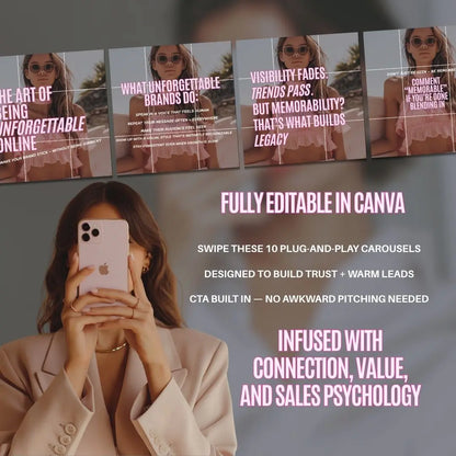 Promotional graphic with text about MRR and PLR editable Canva carousel templates for brand engagement, featuring a woman using a phone.