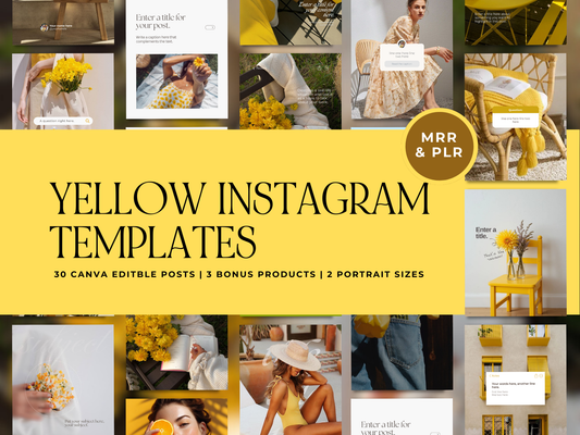 30 Yellow Instagram Templates Canva | PLR MRR Resell Rights | Social Media Posts | Digital Product Seller | 1080x1350 & 1080x1440 Boundless PLR