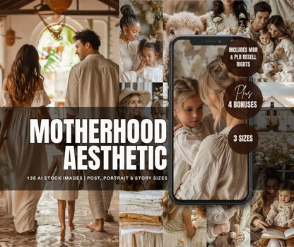 Motherhood Aesthetic Stock Photo & Content Bundle | PLR & MRR | AI Images + Reels + Canva Templates Boundless PLR