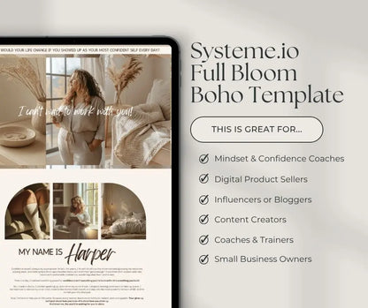 Systeme.io Full Bloom Boho Funnel Template – Editable PLR & MRR with Cozy Plus Size AI Stock Images Boundless PLR