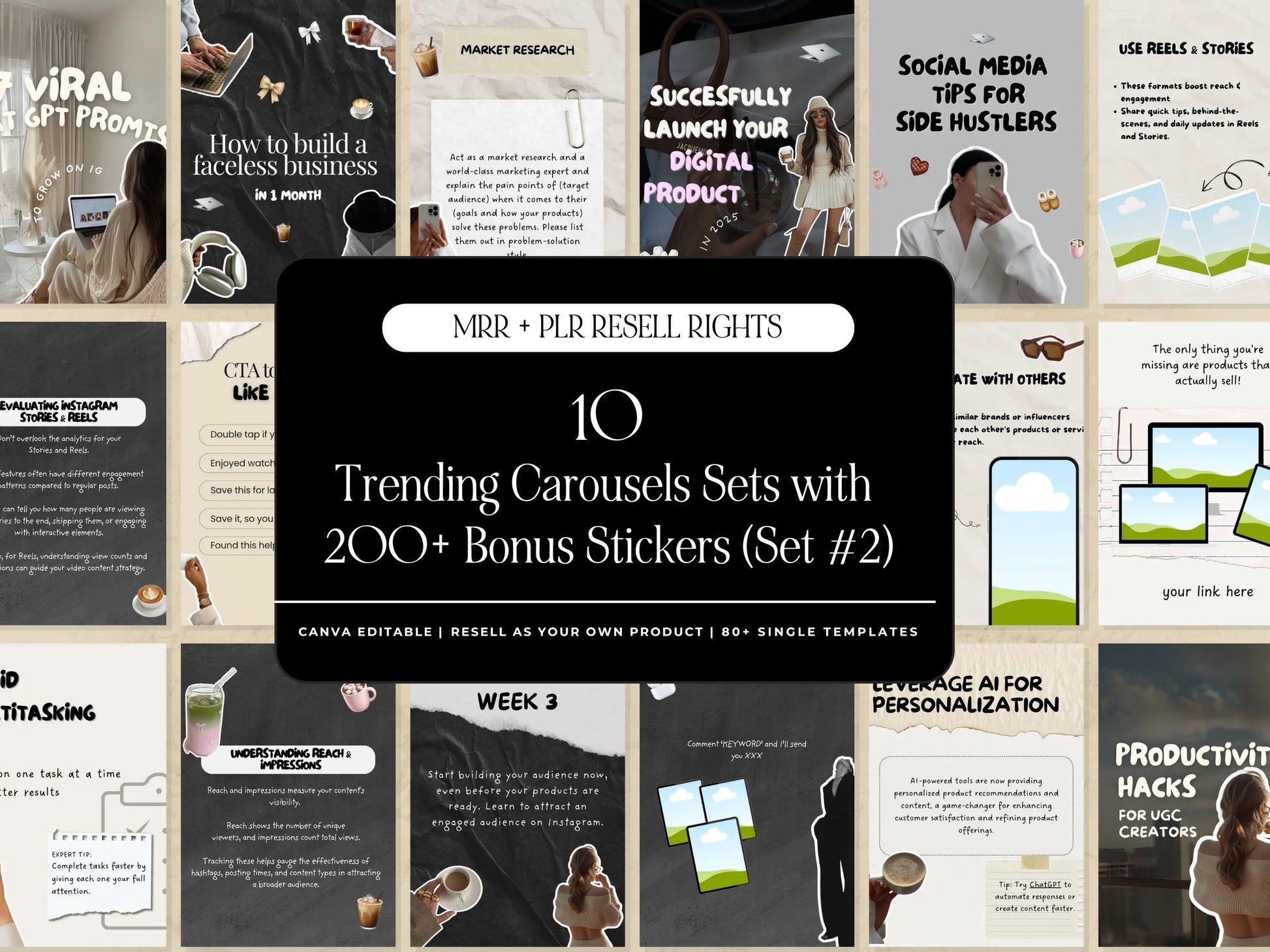 10 Aesthetic Instagram Carousel Templates (Set #2) – Canva Editable with MRR & PLR + Bonus Stickers Boundless PLR