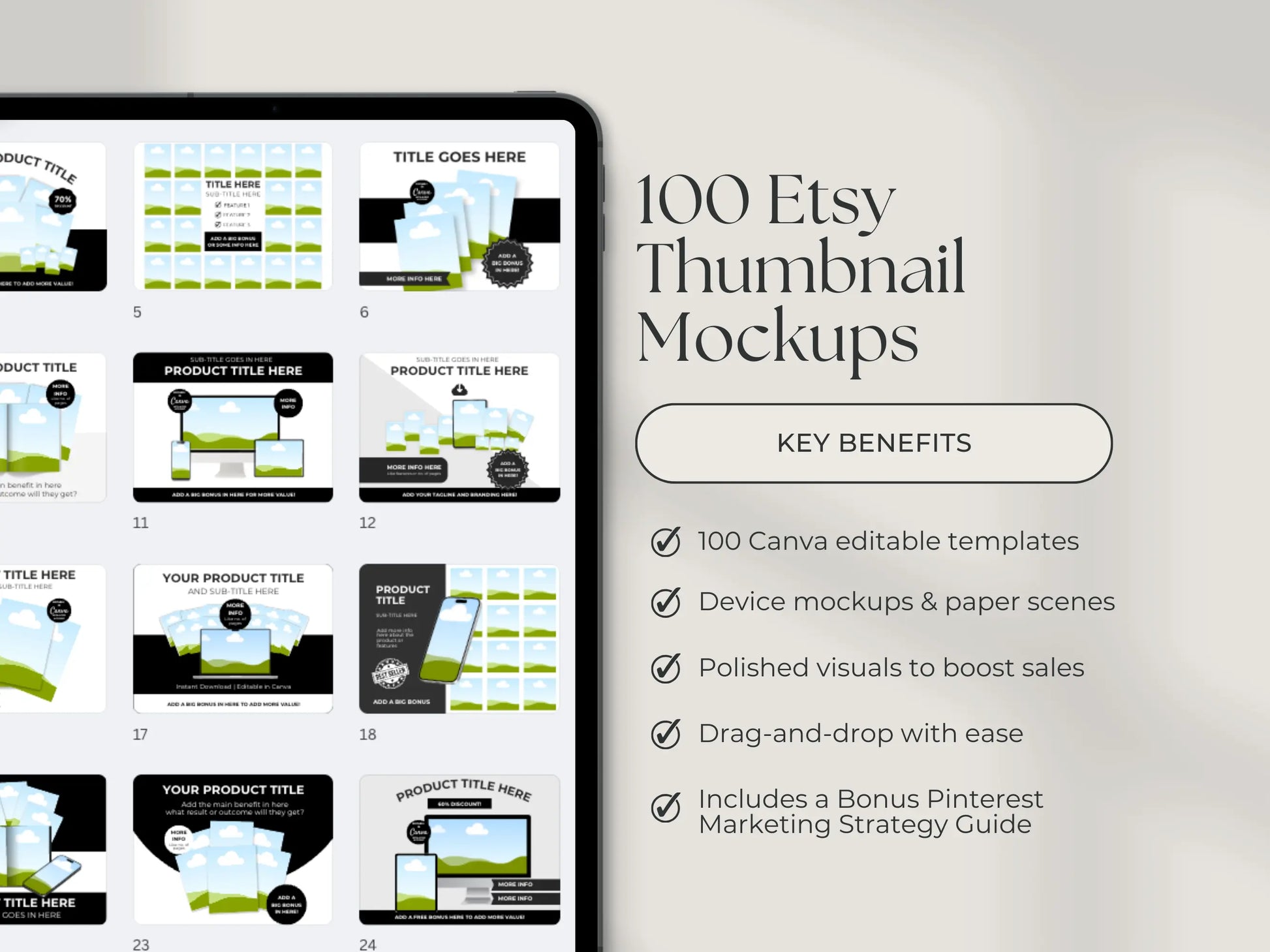 100 Canva Editable Etsy Listing Thumbnail Mockups + Bonus Pinterest Strategy Guide (MRR & PLR) Boundless PLR