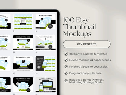 100 Canva Editable Etsy Listing Thumbnail Mockups + Bonus Pinterest Strategy Guide (MRR & PLR) Boundless PLR