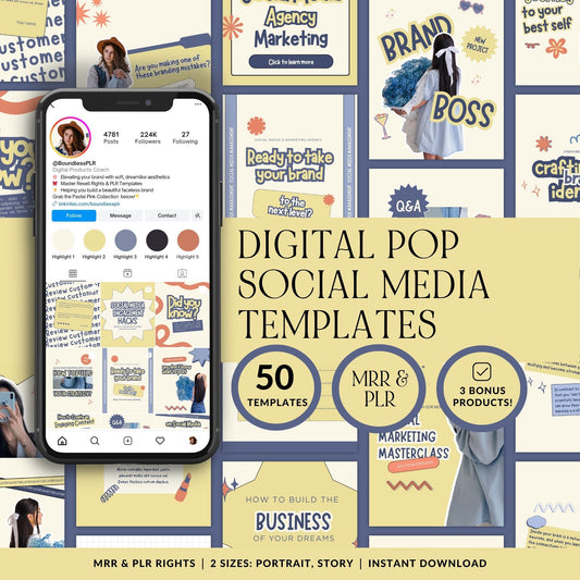 PLR social media templates promotional mockup for a Canva-editable Instagram bundle called Digital Pop Social Media Templates, featuring 50 portrait and story templates with MRR and PLR rights, 3 bonus products, and an Instagram profile preview displayed on a smartphone screen.