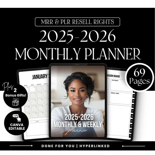 2025–2026 Digital Monthly & Weekly Planner Hyperlinked | Canva Editable | PLR & MRR Included Boundless PLR