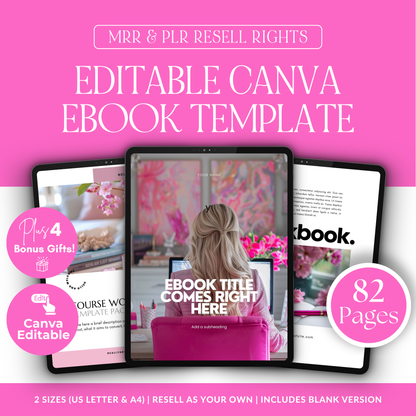 Canva eBook Template, Pink Editable Guide Workbook Template | MRR + PLR Resell Rights | US Letter and A4 Sizes | 4 Bonus Products Boundless PLR
