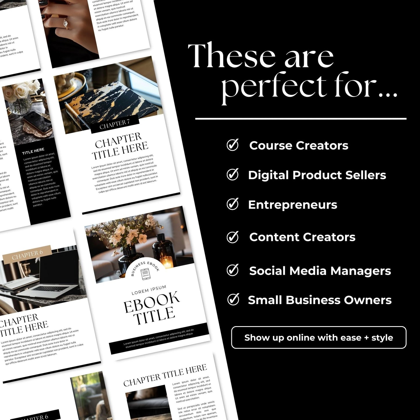 Canva eBook Template (Luxe Editorial) + Workbook & Guide Layouts | MRR + PLR + Bonus Black & Gold Stock Photos Boundless PLR