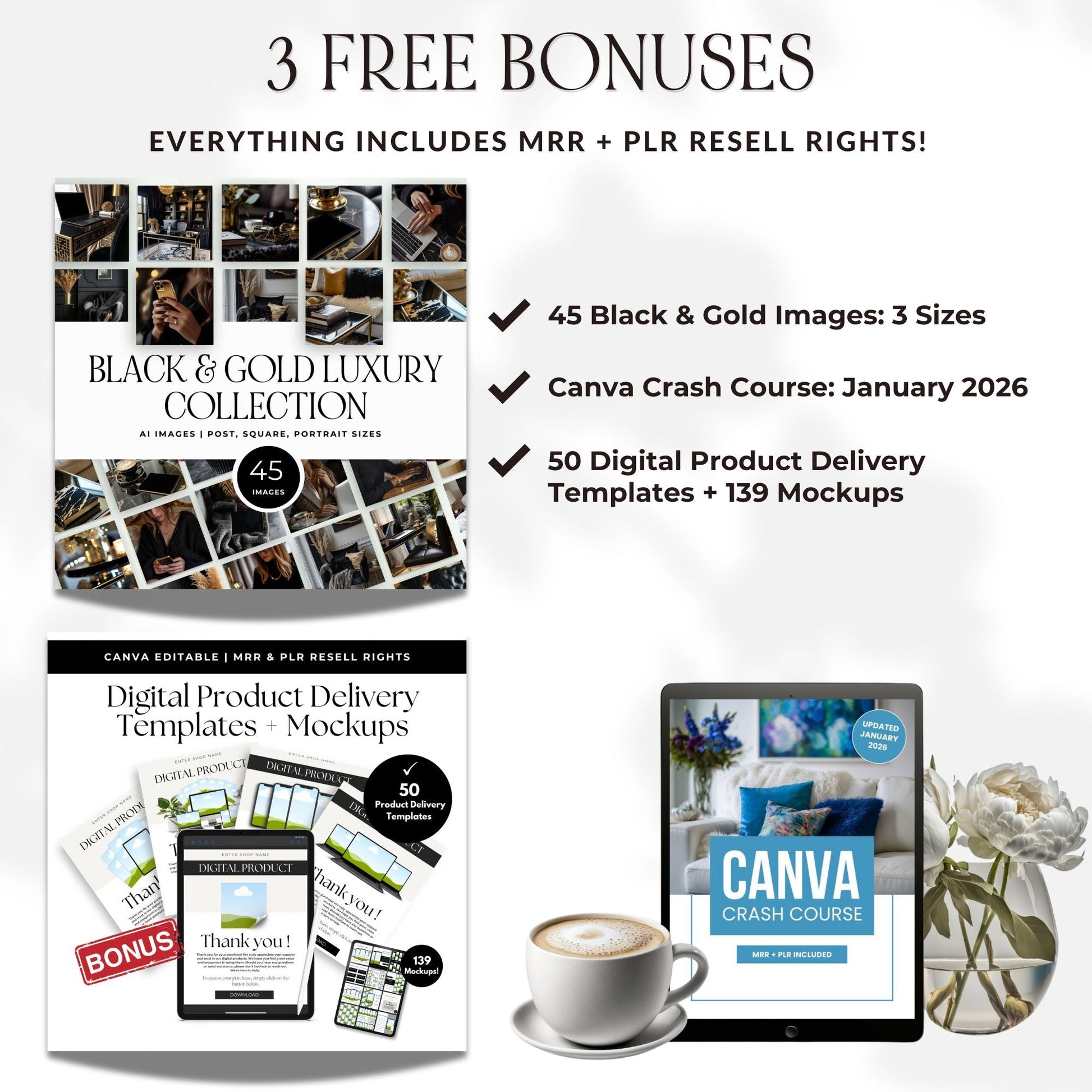 Canva eBook Template (Luxe Editorial) + Workbook & Guide Layouts | MRR + PLR + Bonus Black & Gold Stock Photos Boundless PLR