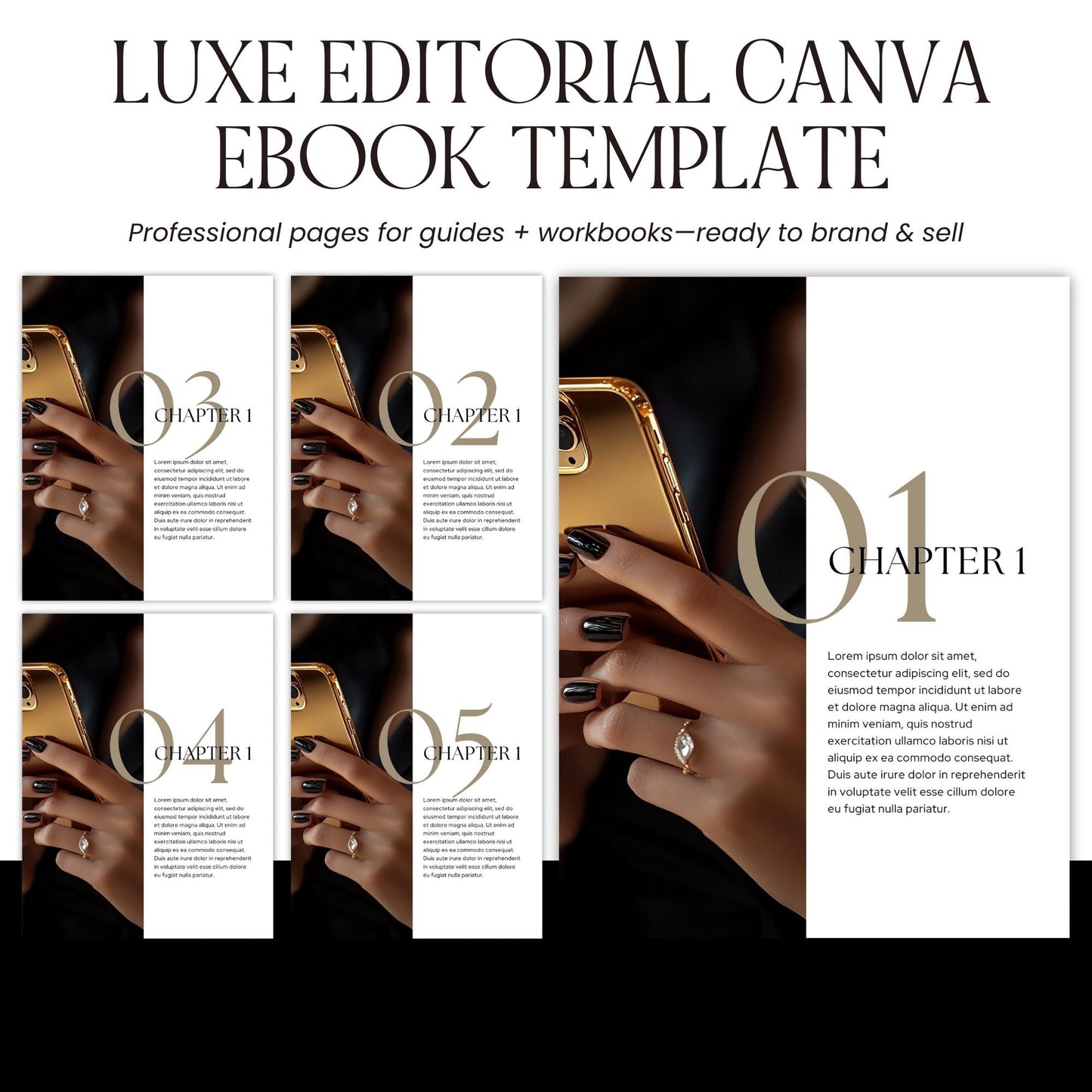 Canva eBook Template (Luxe Editorial) + Workbook & Guide Layouts | MRR + PLR + Bonus Black & Gold Stock Photos Boundless PLR