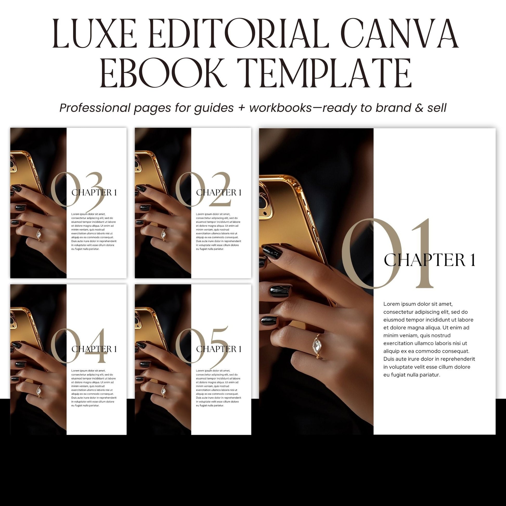 Canva eBook Template (Luxe Editorial) + Workbook & Guide Layouts | MRR + PLR + Bonus Black & Gold Stock Photos Boundless PLR