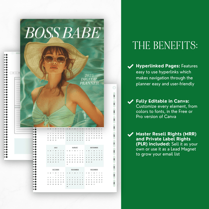 2025 Boss Babe Digital Hyperlinked Planner - Fully Customizable with MRR & PLR Resell Rights - Digital Planners & Journals