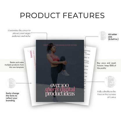 Digital Product Ideas Ebook — 100+ Sports Niche Ideas | Canva Editable PLR MRR Resell Rights | Passive Income Guide Boundless PLR