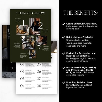 Canva eBook Template (Luxe Editorial) + Workbook & Guide Layouts | MRR + PLR + Bonus Black & Gold Stock Photos Boundless PLR