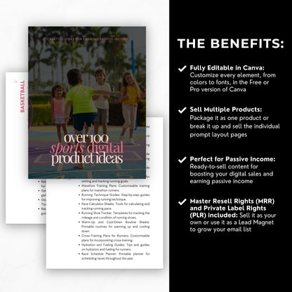 Digital Product Ideas Ebook — 100+ Sports Niche Ideas | Canva Editable PLR MRR Resell Rights | Passive Income Guide Boundless PLR
