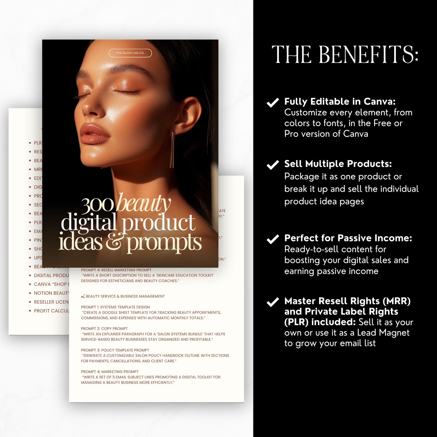 Beauty Digital Product Ideas + Prompts Bundle (300) | Canva Editable | PLR + MRR Resell Rights