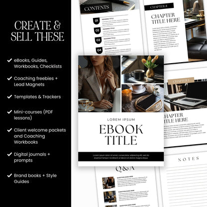 Canva eBook Template (Luxe Editorial) + Workbook & Guide Layouts | MRR + PLR + Bonus Black & Gold Stock Photos Boundless PLR