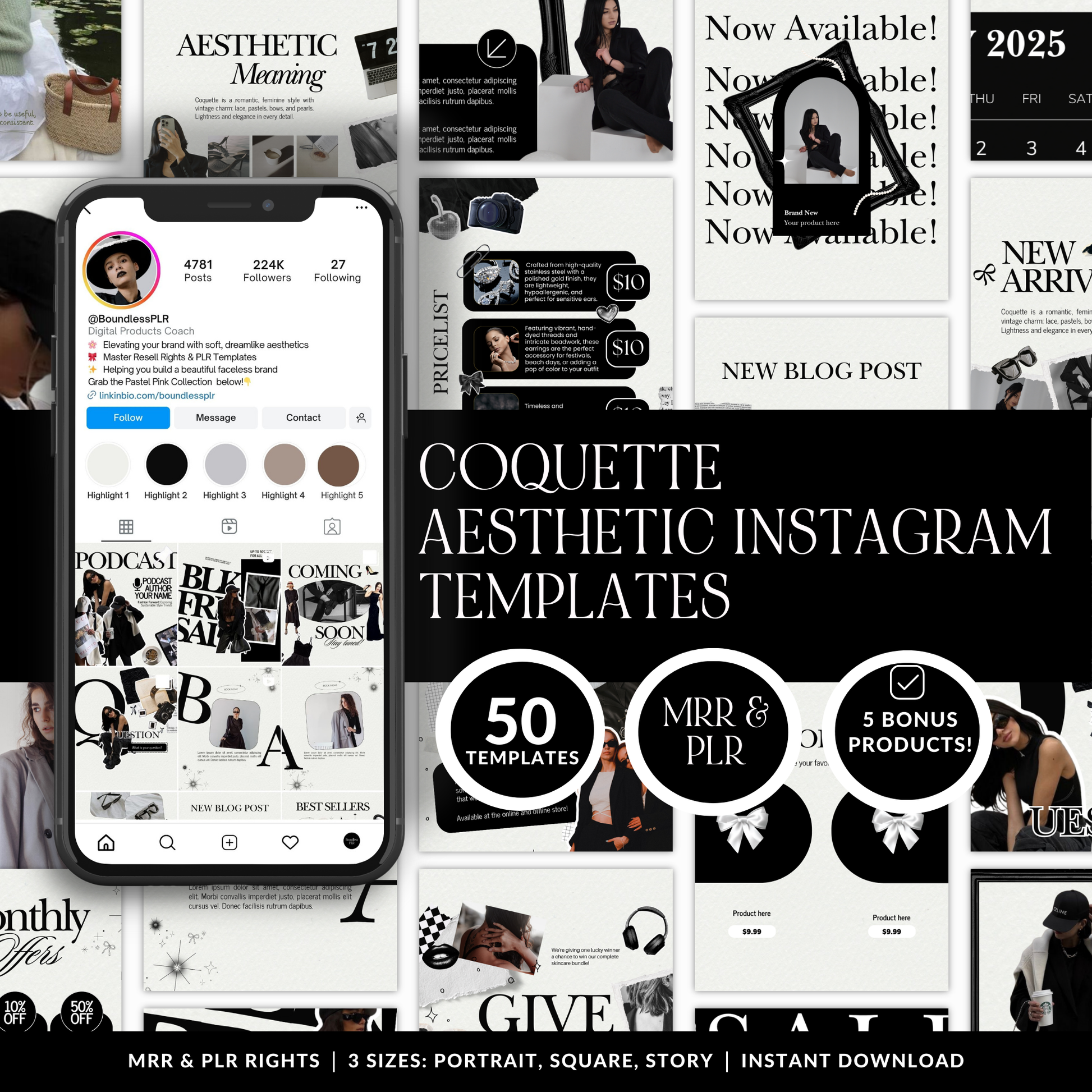 Canva-Editable Coquette Instagram Templates | 50 Square + 50 Portrait + 50 Story | MRR + PLR Boundless PLR