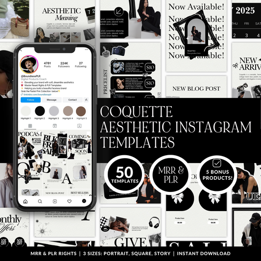 Canva-Editable Coquette Instagram Templates | 50 Square + 50 Portrait + 50 Story | MRR + PLR Boundless PLR