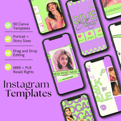 PLR Social Media Templates Canva Editable | Yellow & Green Pop Instagram Templates with MRR Rights Boundless PLR