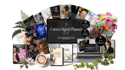 Mockup of the Canva Digital Planner Vault showing a collection of over 50 editable planners and journals with PLR and MRR for resell