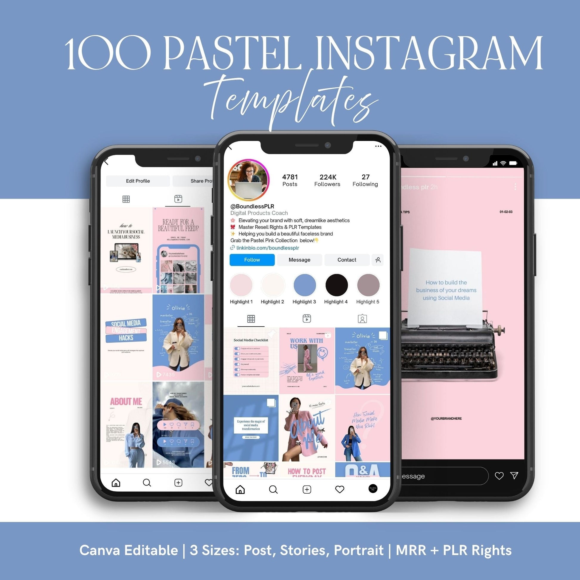 Pink & Blue Instagram Templates Pack (Canva Editable) | 50 Designs, 3 Sizes | MRR + PLR + Bonuses Boundless PLR