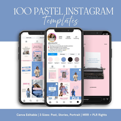 Pink & Blue Instagram Templates Pack (Canva Editable) | 50 Designs, 3 Sizes | MRR + PLR + Bonuses Boundless PLR