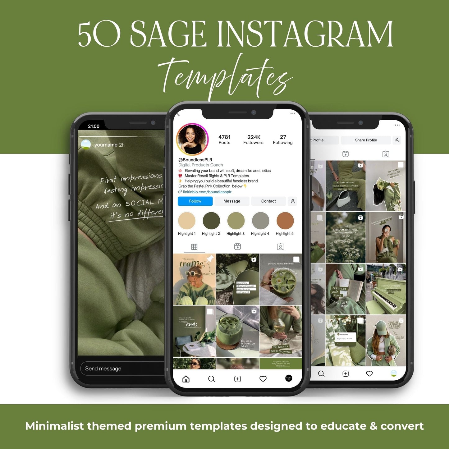 Sage Aesthetic Instagram Templates (Portrait) | 50 Canva Templates | MRR + PLR Boundless PLR