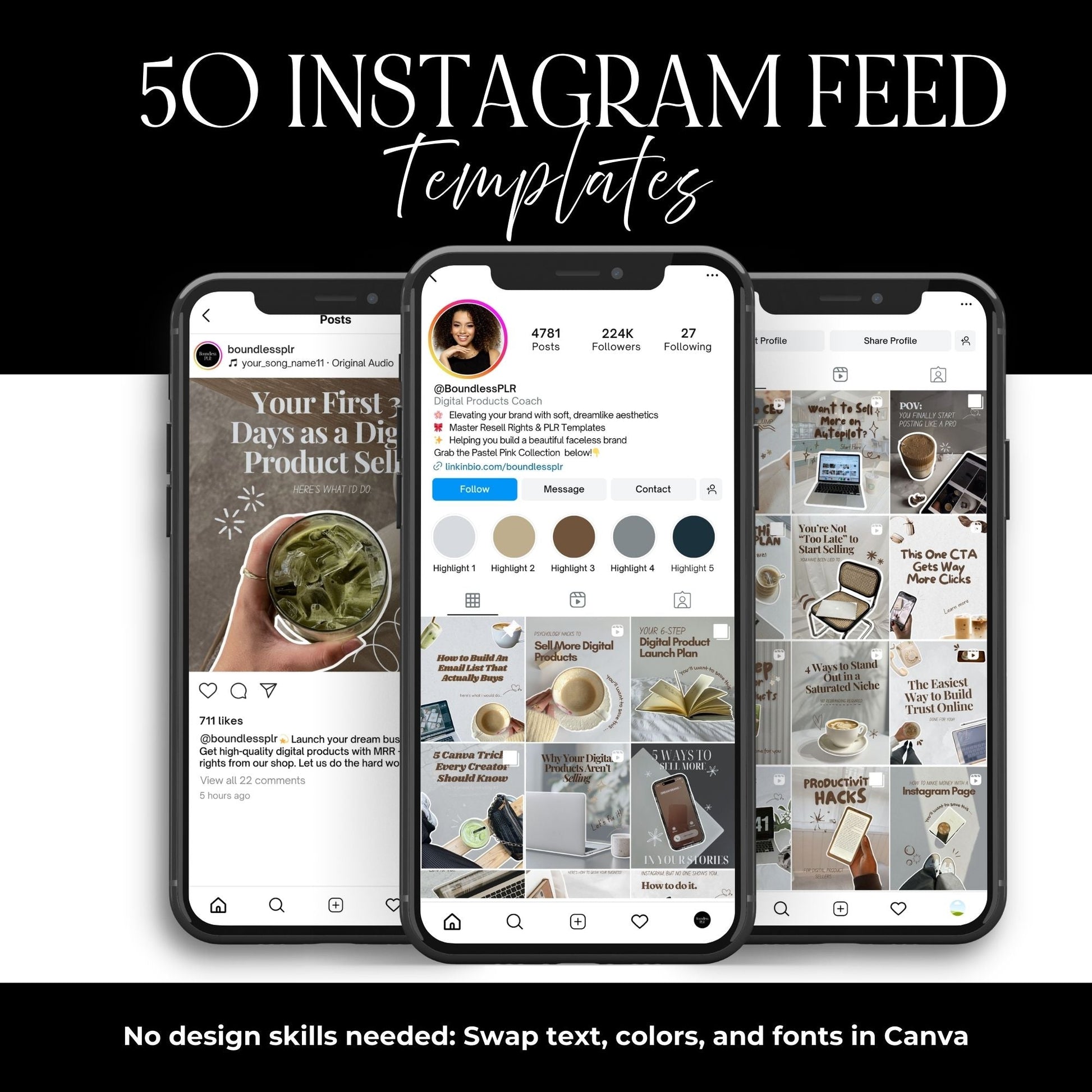 Instagram Templates Canva | Coaching Instagram | 400+ Bonus Stickers & Grid Planners | MRR + PLR Resell Rights Boundless PLR