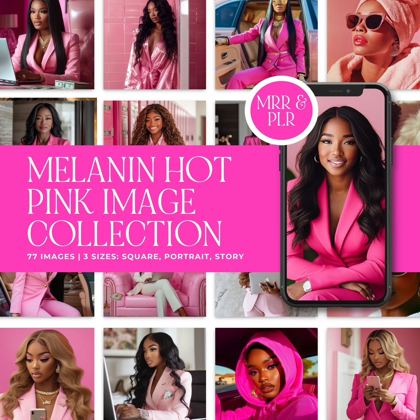 77 Melanin-forward hot pink stock photos for digital branding. Master Resell Rights and PLR bundle featuring luxury fashion imagery for black women entrepreneurs. Includes square, portrait, and story sizes for social media marketing.