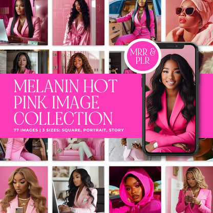 77 Melanin-forward hot pink stock photos for digital branding. Master Resell Rights and PLR bundle featuring luxury fashion imagery for black women entrepreneurs. Includes square, portrait, and story sizes for social media marketing.
