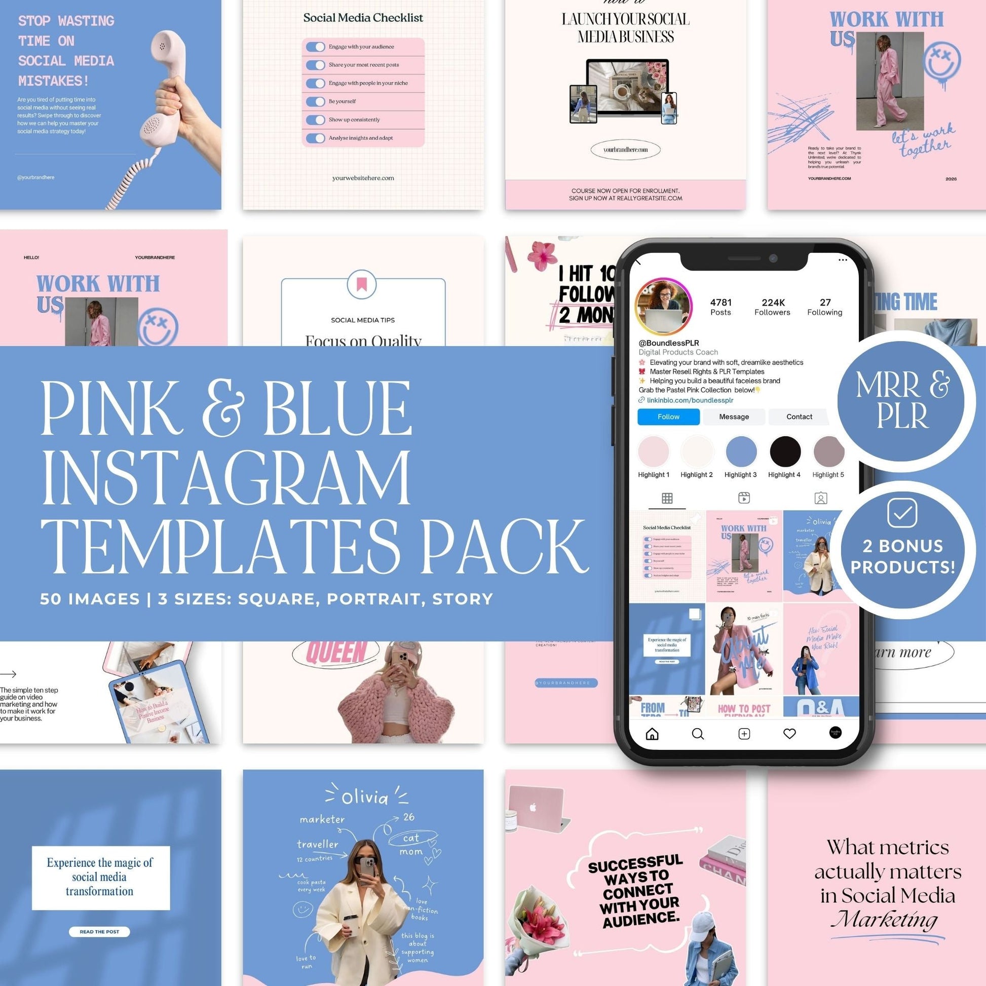 Pink & Blue Instagram Templates Pack (Canva Editable) | 50 Designs, 3 Sizes | MRR + PLR + Bonuses Boundless PLR