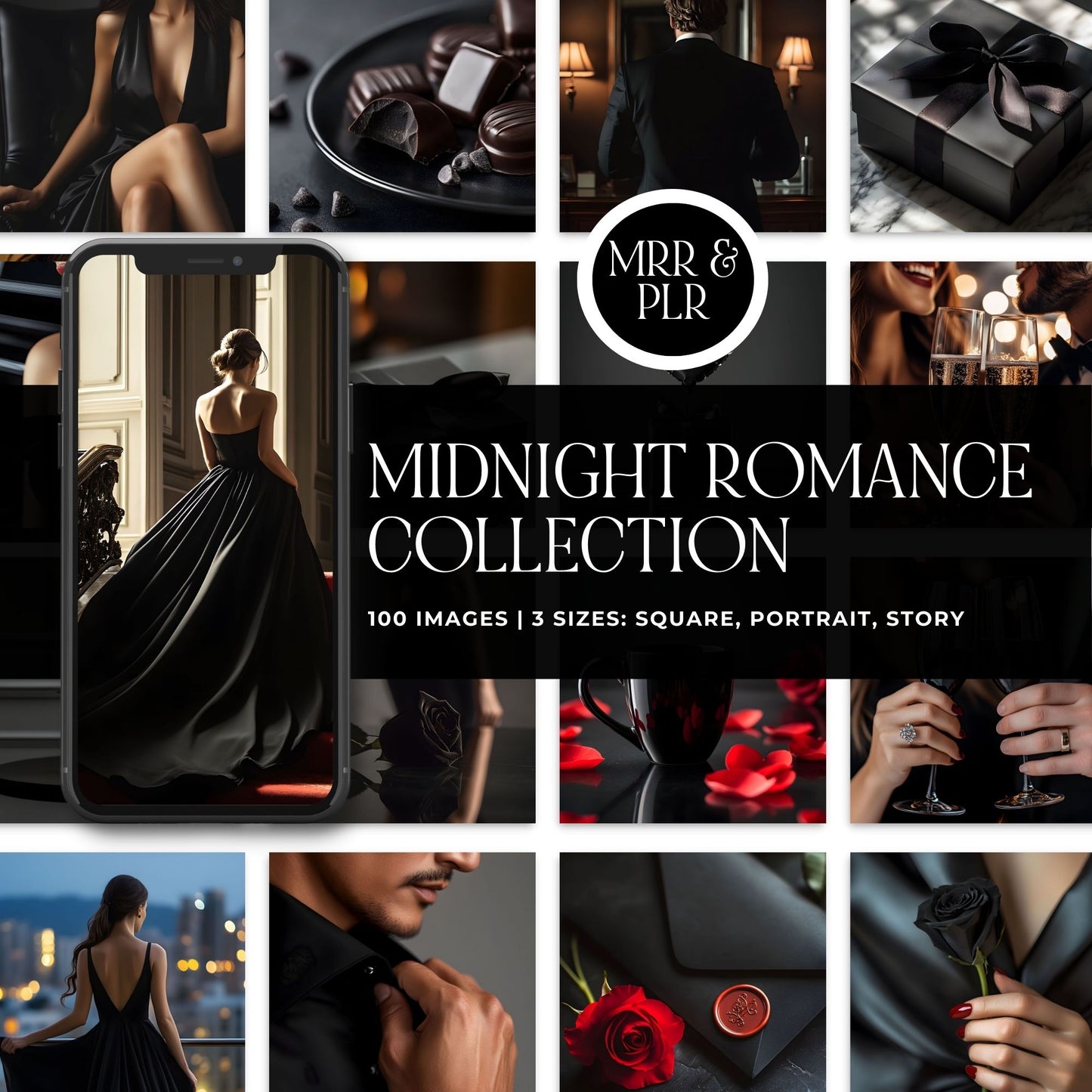 Valentine Stock Photos (100) | Midnight Romance Valentines AI Images | 3 Sizes: Post, Story, Portrait | MRR + PLR