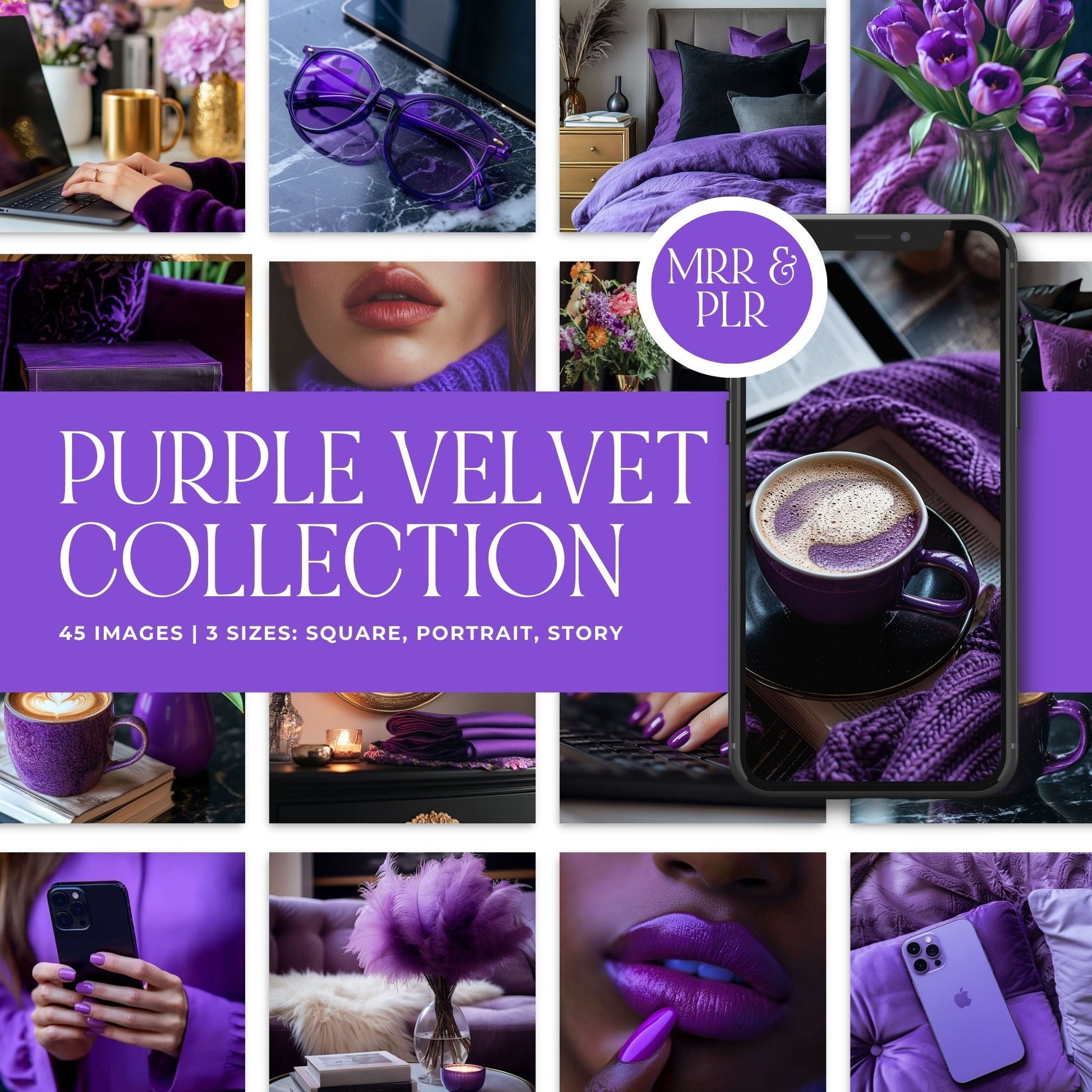 Luxury Faceless Stock Images: Purple Velvet Collection (45 Aesthetic Photos + MRR/PLR) Boundless PLR