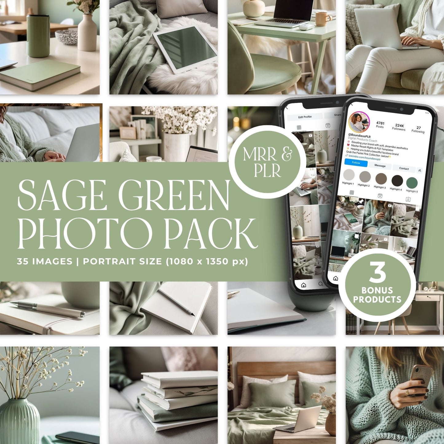 Sage Green Photo Pack (35 Canva Images) + MRR/PLR Resell Rights | 3 Sizes Boundless PLR