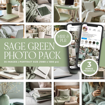 Sage Green Photo Pack (35 Canva Images) + MRR/PLR Resell Rights | 3 Sizes Boundless PLR